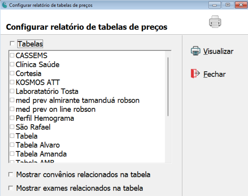 Tela de configuração do relatório de tabelas de preços.
