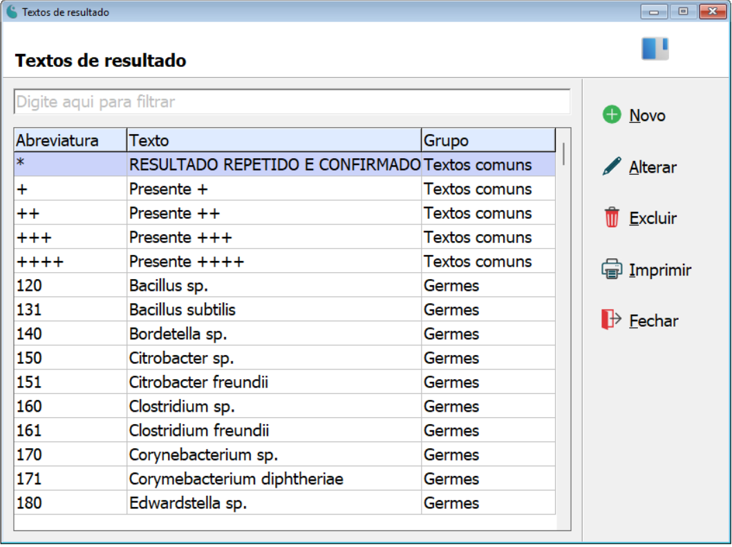 Tela principal do Cadastro de Textos de Resultado
