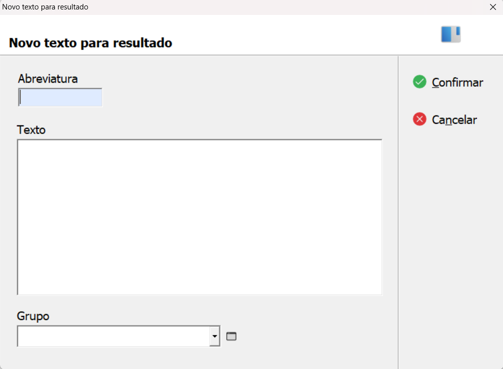 Tela de cadastro de Novo Texto de Resultado