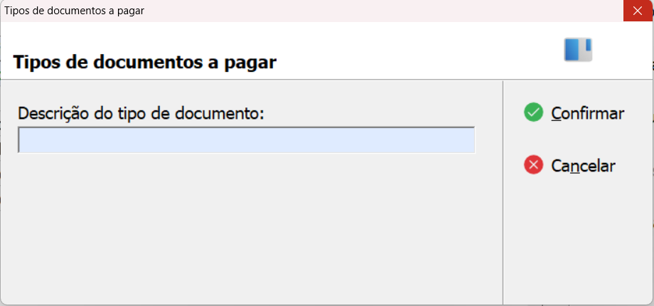 Tela de cadastro de Novo Tipo de Documento a Pagar