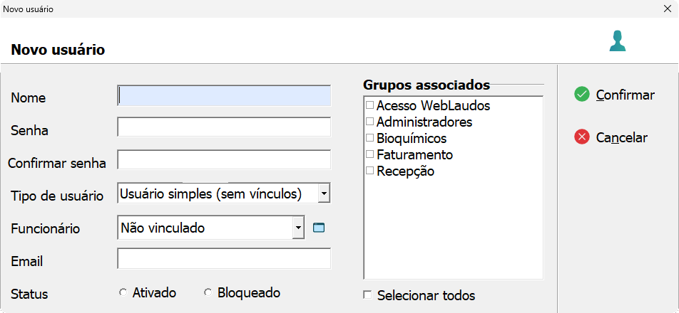 Tela de criação de novo usuário